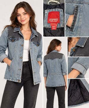 Esprit Women’s L Y2K Denim Jacket Two Tone Quilted Lined Vintage Distressed